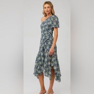 ASTR The Label Santorini XS One Shoulder Floral Midi Dress Blue Green Puff
